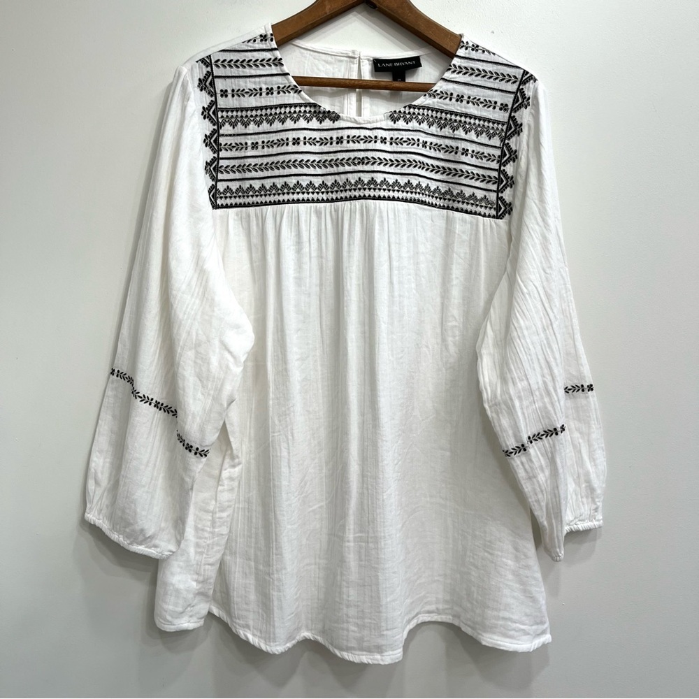 Lane Bryant Embroidered Peasant Top 100% Cotton Gauze Long Sleeve White Size 24